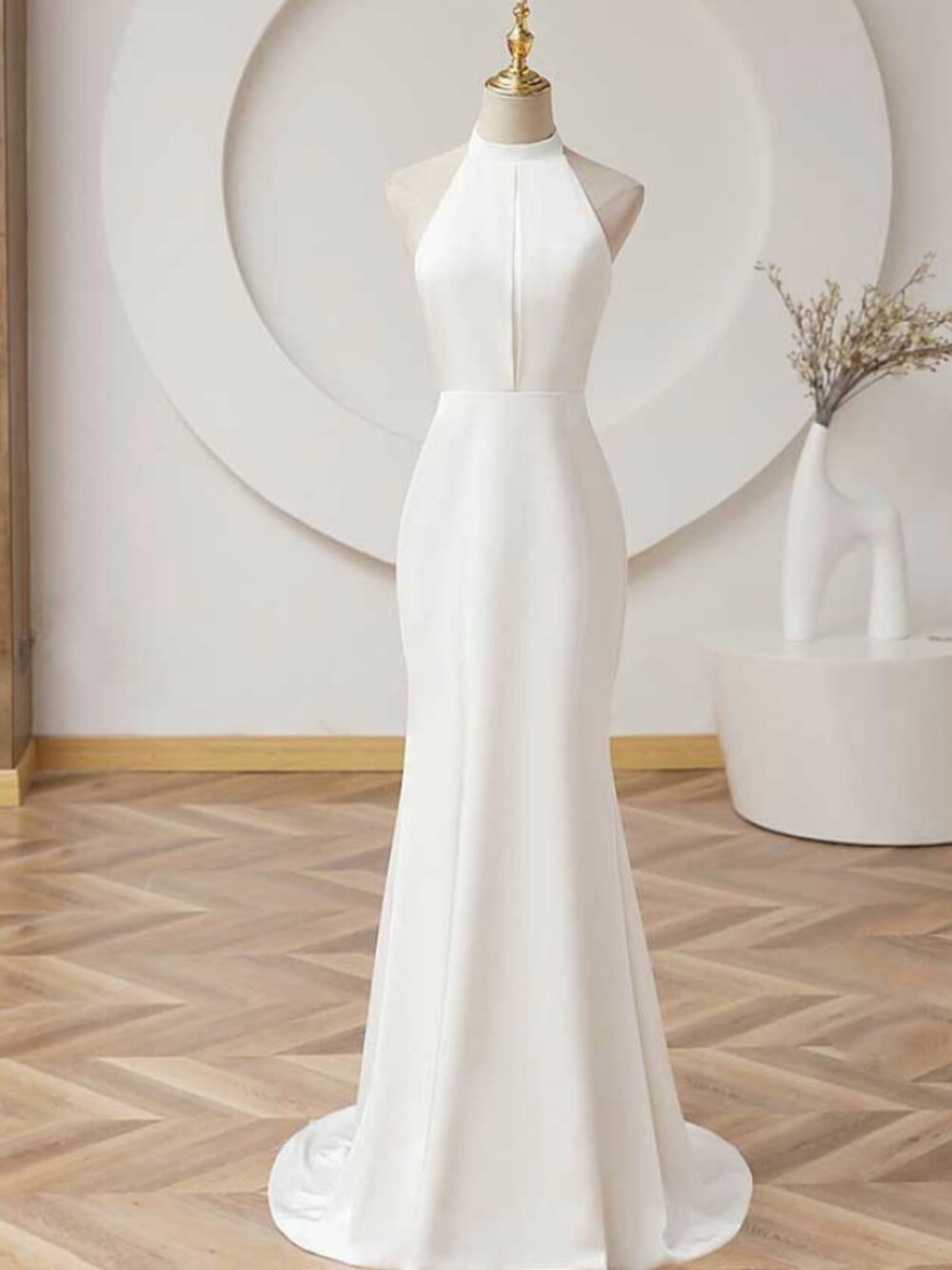 JoJo Shop Simple Minimalist Fit and Flare Wedding Dress with Halter Neck ET3047